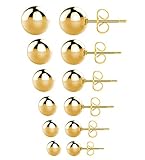 Gold Stud Earrings,316L Stainless Steel Round Ball Earrings Set for Sensitive Ears, Hypoallergenic Earrings for Women Mens (Gold, 3~8mm, Pack of 6)