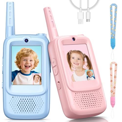 Kids Video Walkie Talkies Toys with Rotating Antenna & 2.0-Inch Screen - Dual-Camera Video Chat, USB-C Rechargeable with Lanyard, Colorful Gift for Interactive Play (Blue and Pink)