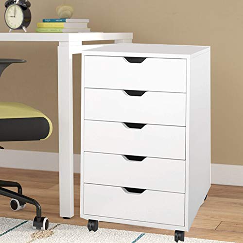 eMerit 5 Drawer Wood File Cabinet Roll Cart Drawer for Home Office Organization White - Thumbnail 2