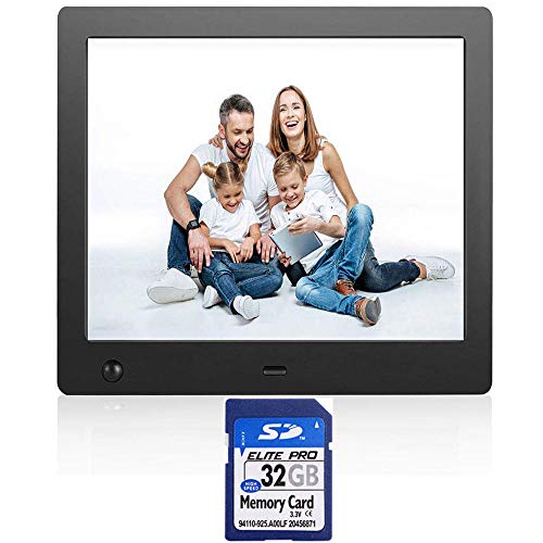 8 Inch Digital Photo Frame Electronic Picture Frame + 32GB SD Card with Motion Sensor and 1024×768 High Resolution Full IPS LCD 1080P HD Video Player/Stereo/MP3/Mp4/Calendar/Alarm/Time/Remote Control