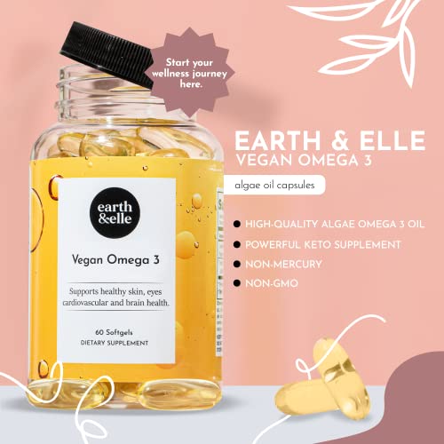 Earth & Elle - Vegan Omega 3 - Algae Omega 3 - Vegan Omega 3 Supplement w/ Algae Oil - Contains Vegan EPA DHA - 2 Month Supply - Boosts Mood & Promotes a Healthy Heart - 60 Algae Oil Softgels
