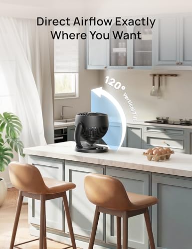 DREO Ventilador de Escritorio para Habitación, Ventilador Portatil con 3 Velocidades, Flujo 21,3m, Ventilador Silencioso 28dB, Ajuste Vertical Manual de 120°, Ideal para Hogar, Oficina Cocina, Negro