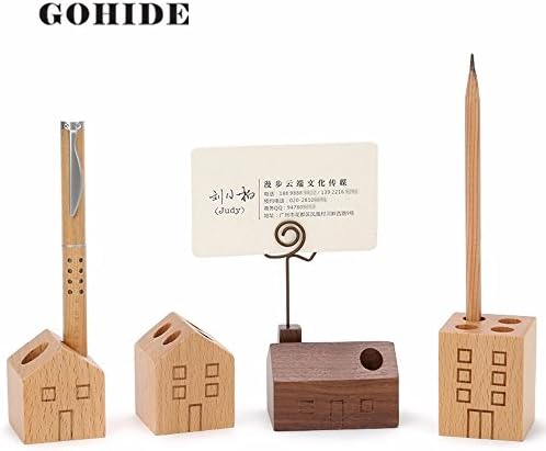 Gohide 4pcs per set Natural Wood Stationery for Business Card Holders Wooden Pencil/Pen Holder/Desktop business card sorter/Stationery Collection/Organizer Display Stands natural House Type XCX