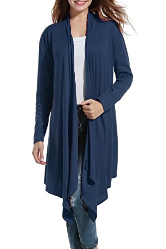 Zeagoo Women Asymmetric Draped Open Front Long Sleeve Navy Blue Duster Cardigan Sweater, Medium