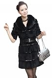 Queenshiny Long Women's Rex Rabbit Fur Coat Jacket With Fox Collar-Black-S(4-6)