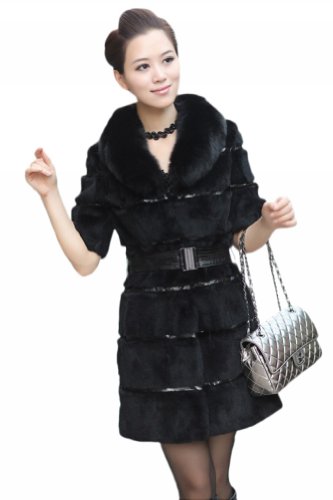 UPC 799422831889, Queenshiny Long Women&#39;s Rex Rabbit Fur Coat Jacket With Fox Collar-Black-L(12-14)