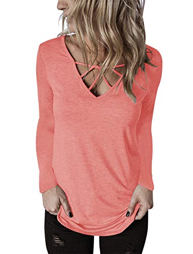 Topstype Women's Long Sleeve T Shirt V Neck Tunic Criss Cross Tops Casual Tees Loose Sweatshirts