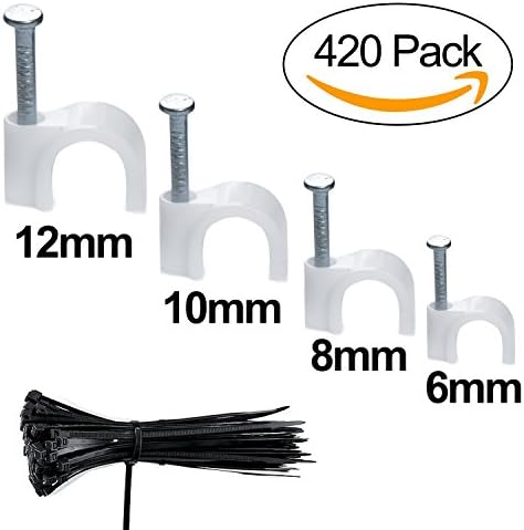 Adywe 420 Pcs Round Cable Wire Clips with steel Nail, Premium White Plastic Cord Wire Nail Fasteners Organizer, Cable Management RG6 RG59 CAT5 CAT6 RJ45 - 6/ 8/10/12mm(4 Size)
