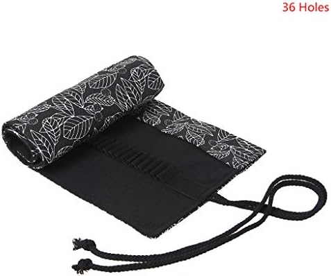 YOFO 12/24/36/48/72 Holes Canvas Wrap Roll Up Pencil Bag Pen Case Holder Storage Pouch Black Leaf Printe