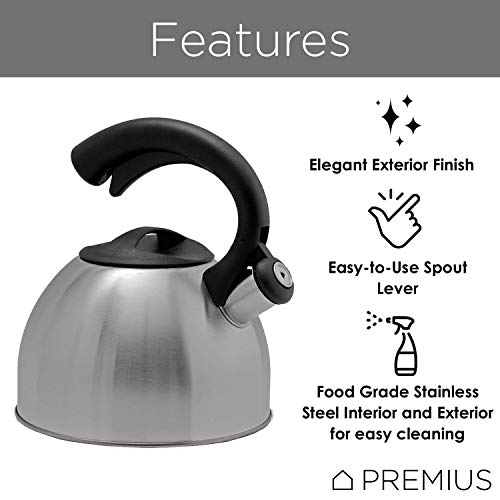 STAINLESS STEEL WHISTLING TEA KETTLE By Premius, Durable Construction And Elegant Design, Cool Touch Grip Handle And Lid, Pleasant Sounding Whistle, Stovetop Teakettle, 3.2 Quarts (Silver)