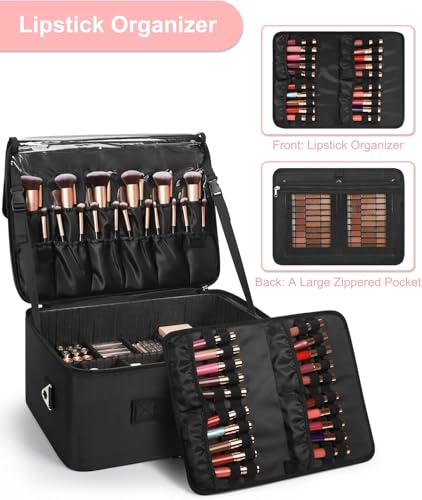 Relavel XXL Professional Makeup Case with Brush Holder, 4 Clear Pockets, Lipstick Tray, Shoulder Strap and Adjustable Compartments for Makeup Artists