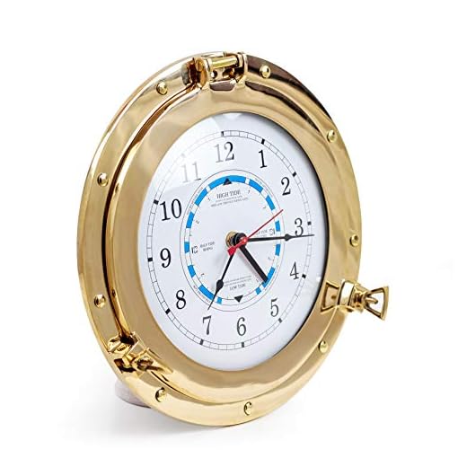 Nagina International 12" Solid Brass Porthole Tide & Time Clocks