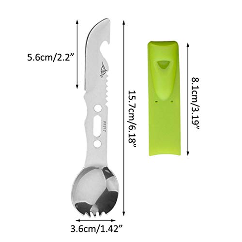 FREAHAP R Multifunctional Spork 6 in 1 Camping Cutlery Spoon Fork Knife Combo with Bottle Opener Scaler Fish Spear Multitool for Camping Hiking Travel PSK Survival Silver+Green