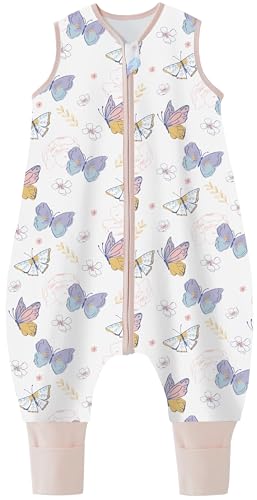 Teechodina Baby Schlafsack Mit Füßen 100% Reine Baumwolle 1.5 Tog Kinder Ganzjahres Schlafsack Mit Beinen Kleinkind Schlafanzug Für Jungen Und Mädchen, 1.5 Tog/Schmetterling, 70Cm/Baby Höhe 80-90Cm
