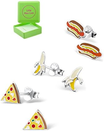 Gift boxed set of 3 .925 Sterling Silver Hypoallergenic Stud Earrings for Girls (Nickel Free) - Hotdog -Pizza -Banana