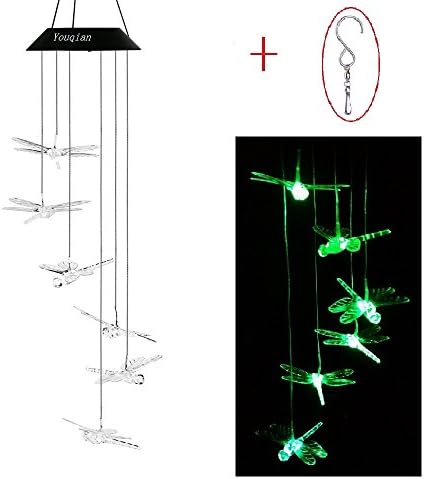 Youqian Solar Dragonfly Wind Chimes, Color-Changing Moving Rotating Wind Chime Waterproof Automatic Light Sensor Outdoor Decor for Home Party Balcony Porch Patio Garden