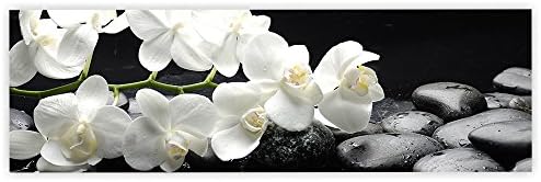 Canvas 145x45 cm - PREMIUM Canvas Picture Canvas Wall Art Canvas Art Print - WHITE ORCHIDS ON BLACK STONES - Ornaments Flowers Orchid Black White Tendril Flower Deco - no. 097
