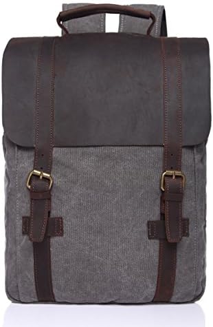 EverVictory Retro Canvas Leather School Travel Backpack Rucksack 15.6-inch Laptop Bag (Gray)