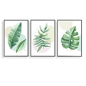 3 Piece Canvas Wall Art for Living Room, Bedroom Green Plants Framed Canvas Prints for Home Decoration Ready to Hang - 16"x24"x3 Panels