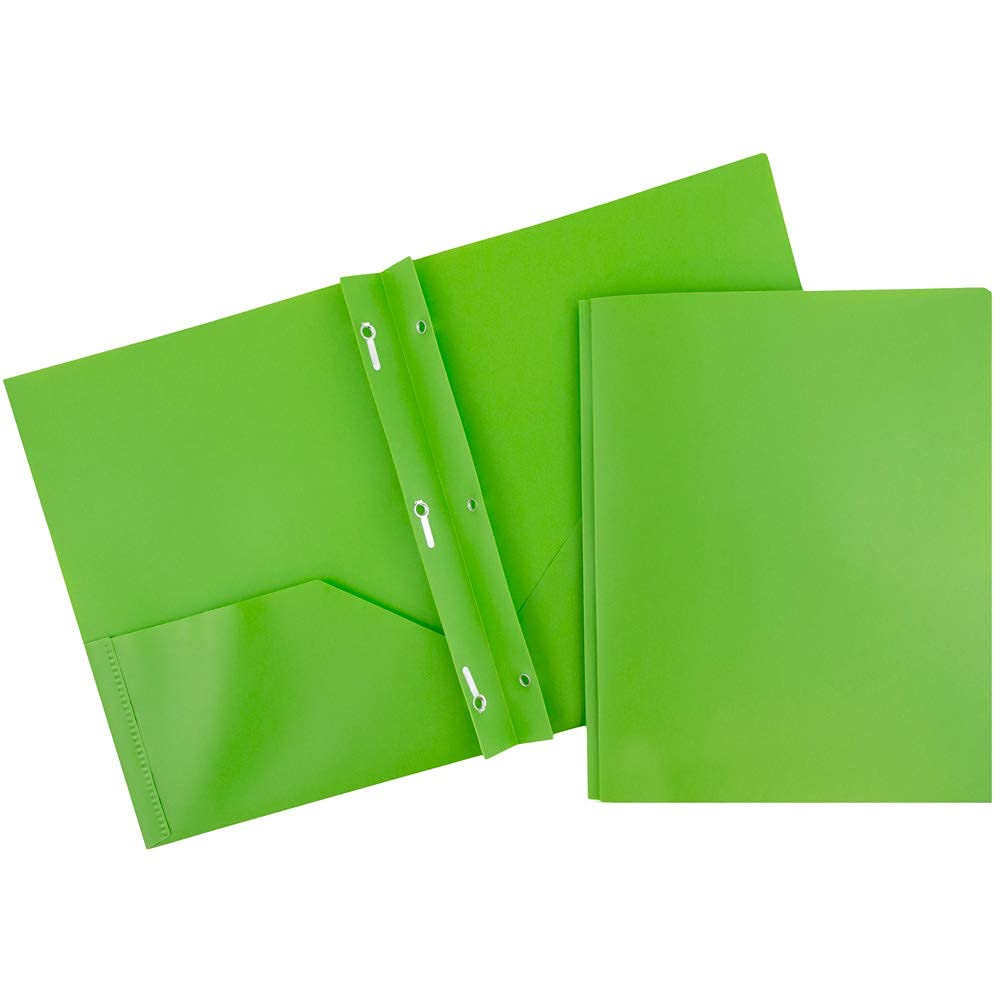 JAM PAPER Plastic 2 Pocket School POP Folders with Metal Prongs Fastener Clasps - Lime Green - 6/Pack