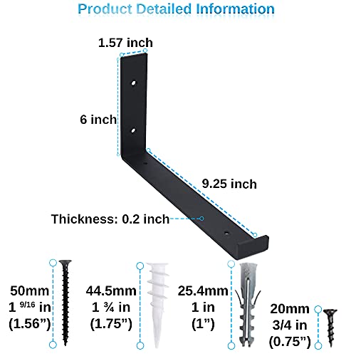 Shelf Brackets 6 Pack Heavy Duty Floating 9.25"L x 6.0"H x 1.5"W Black