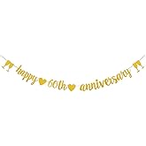 YS Happy 60th Anniversary Gold Glitter Banner, 60th Wedding Anniversary, 60th Birthday, 60 Years Loved Party Bunting Decoration/Gold
