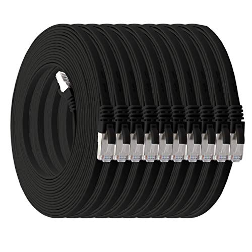 1aTTack.de 10m - schwarz - 10 Stück Cat7 Flachkabel Netzwerkkabel Cat 7 Rohkabel Gigabit Lan (10Gbit/s) Flachbandkabel Verlegekabel Patchkabel Flach S