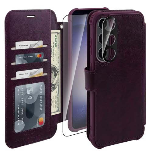 VANAVAGY Wallet Case Compatible for Galaxy S24+ Plus with Rfid Flip Card Holder,[Screen Protector & Camera Lens Protector] Leather Supports Wireless Charging Case for Galaxy S24+ Plus,Purple