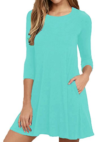 Viishow Women's 3/4 Sleeves Pockets Casual Swing T-Shirt Dresses Nile Blue XL