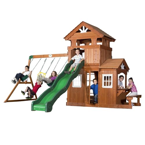 Backyard Discovery Shenandoah Cedar Wood Swing Set with Wave Slide, Raised Clubhouse,...