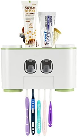 Dustproof Toothbrush Holder Toothpaste Dispenser and Dustproof Cup Combination Wall Mount Bathroom Storage Accessories Set (Green)