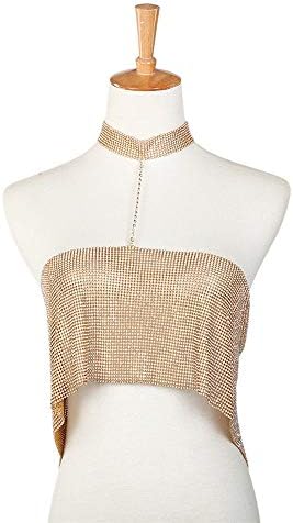Lisansang Backless Tank Top Bra Body Chain Water Wafer Beaded Chain Bra Jewelry, Gold Rhinestone Body Chain Sequined Bra Bikini Bra Body Chain Necklace Party,Body Jewelry Fash