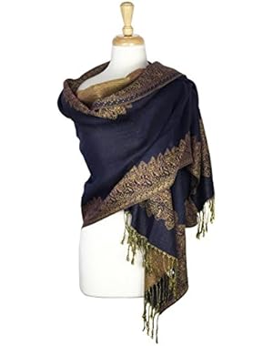 Border Pattern Double Layered Reversible Woven Pashmina Shawl Scarf Wrap Stole