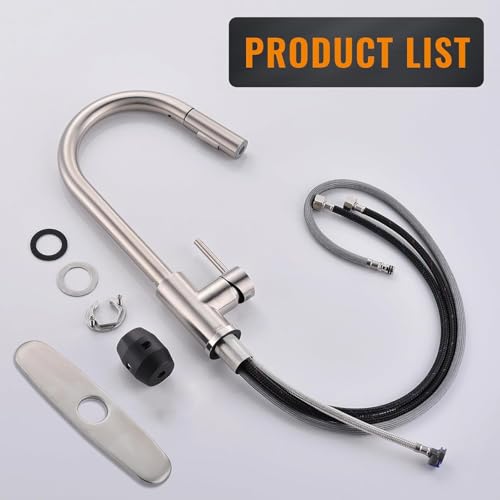 APPASO Grifo de cocina con rociador extraíble de níquel cepillado, grifo monomando de cuello de cisne moderno para fregadero con placa opcional de acero inoxidable