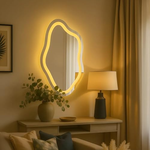 Espelho Orgânico 02 Jateado 3 Cores de LED e Touch Screen - Decorativo Lapidado Iluminação Luxo (50x80cm)