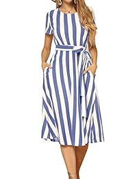 levaca vestido de dama de manga corta a rayas casual con bolsillos