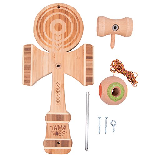 Kendama Ball And Cup Swing Game - Tiki Toss Tama Toss - 100% Bamboo Party Game With 3 Different Ways To Play (All Parts Included)