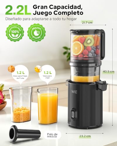 WIE Extractor de Zumos y Verduras 135 mm Boca Ancha, Slow Juicer 300W Prensado en Frío, Capacidad 2,2 L, Licuadora Prensado en Frío para Frutas y Verduras Enteras, Fácil Montaje y Limpieza, Sin BPA