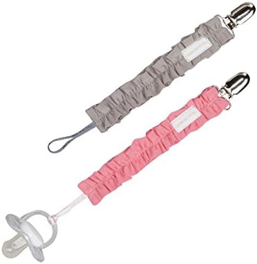 Pacifier Clip Set of 2 in Gray &amp; Pink Ruffle