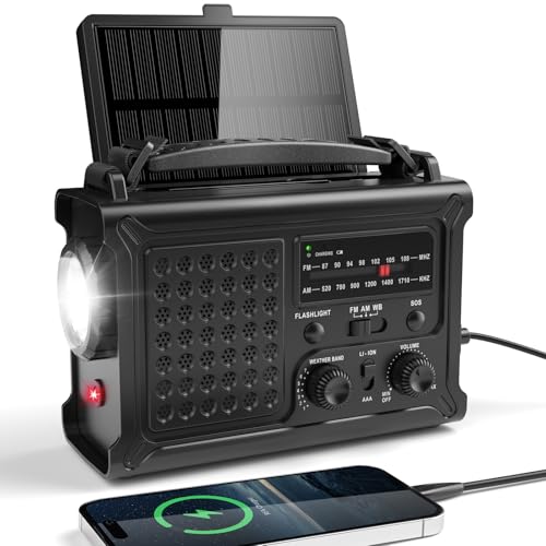 12000mAh Solar Kurbelradio, Tragbar Weltempfänger Radio, Notfallradio mit AM/FM Empfang & 8500mm² Solarpanel, Aufladbar Powerbank, Taschenlampe & Lese