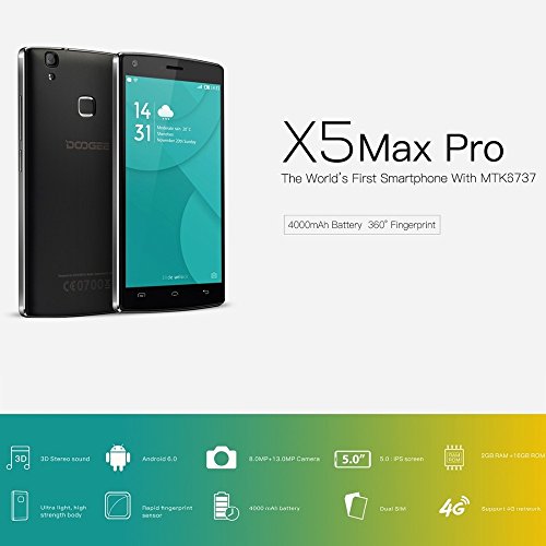 Smartphone Libres, DOOGEE X5 MAX PRO Telefono Móvil Libre Baratos (Dual SIM, 5 Pantalla IPS, 8MP Cámara, 2GB RAM+16GB ROM, 4000mAh, Android 6.0, Huella Dactilar, 4G LTE Móvils) - Blanco