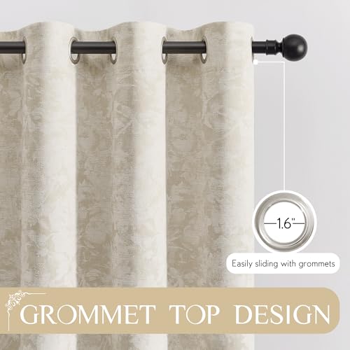 Beauoop Beige Floral Jacquard Blackout Curtains 84 Inches Long 2 Panels for Bedroom Living Room Taupe Flower Chenille Room Darkening Thermal Insulated Soundproof Grommet Window Treatments Drapes 52x84