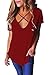 Pxmoda Women's Short Sleeve Swag Cross Front Ripped Tee T Shirt Tops (XL, Wine Red)