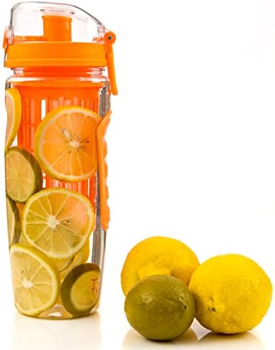 Orange Large Flavor Infuser Water Bottle Protein Blender Bottle With Fruit Flavor Diffuser And Protein Mixing Ball | Featuring Leak Proof Flip-Top Cap, Clear BPA Free Tritan Bottle | Big Size 32 oz