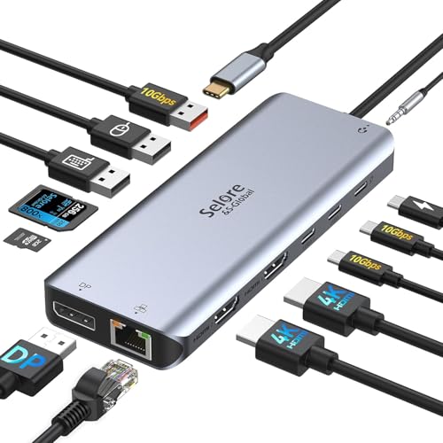 Selore USB C Laptop Docking Station Dual Monitor, 13-in-1 USB C Hub Adapter Docking Station 3 Monitors with 4K DP+4K HDMI+PD+RJ45 Ethernet+USB 3.1&2.0 port+SD/TF+Audio Compatible for MacBook Dell HP