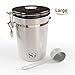Stainless Steel Coffee Canister - CO2 Escape One-Way Valve - 16OZ Airtight Coffee Container - Free eBook & Scoop