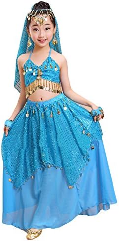 Girls Belly Dance Halter Top Dress Set Children Halloween Dance Costumes Outfit (S, lake blue)