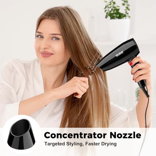 YASHE Mini Folding Hair Dryer, Compact Hair Dryer 1200W with 2 Heat and Speed Settings, Precision Spout, 1.8 m Cable, Lightweight for Travel, Home, Hotel or Dormitory, Black