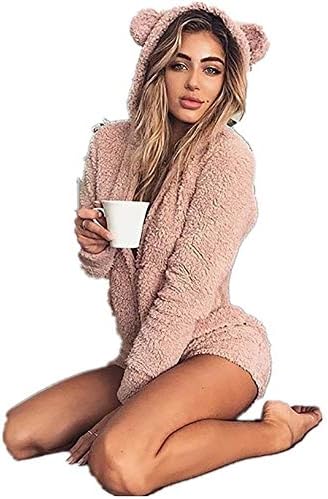 Xmeden Ladies Cute Long Sleeve Pajamas Short Fleece Hooded Cozy Sherpa Romper Fluffy Sleepwear