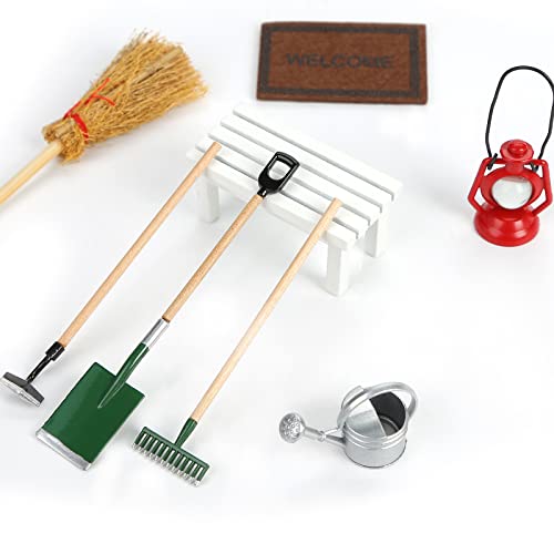 Koogel Miniatur Puppenhaus Set, 8 Stücke Miniatur Gartengeräte Set Puppenhaus Garten Zubehör Gießkanne Rake Schaufel Bank Ornament für Weihnachten Wichteltür Deko